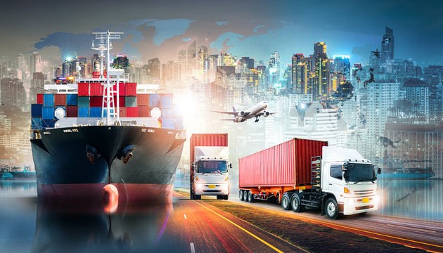 Lorries on the highway beside a cargo port